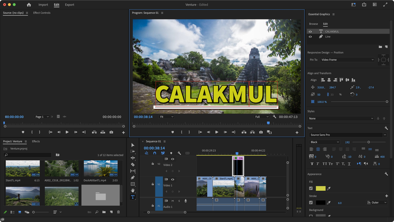 Interface of Adobe Premiere Pro - an advanced tool that makes floating letters font easy