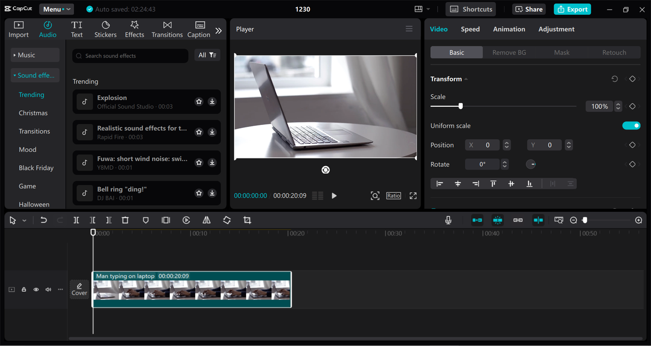 Interface of the CapCut desktop video editor - an efficient way to add typing sound effects to videos