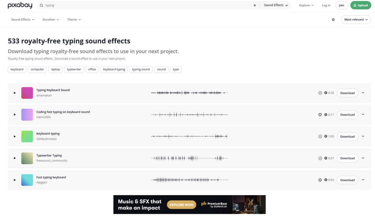 Interface of Pixabay - a useful site to download typewriting sound