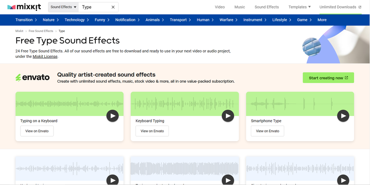 Interface of Mixkit - an ideal way to download type sound