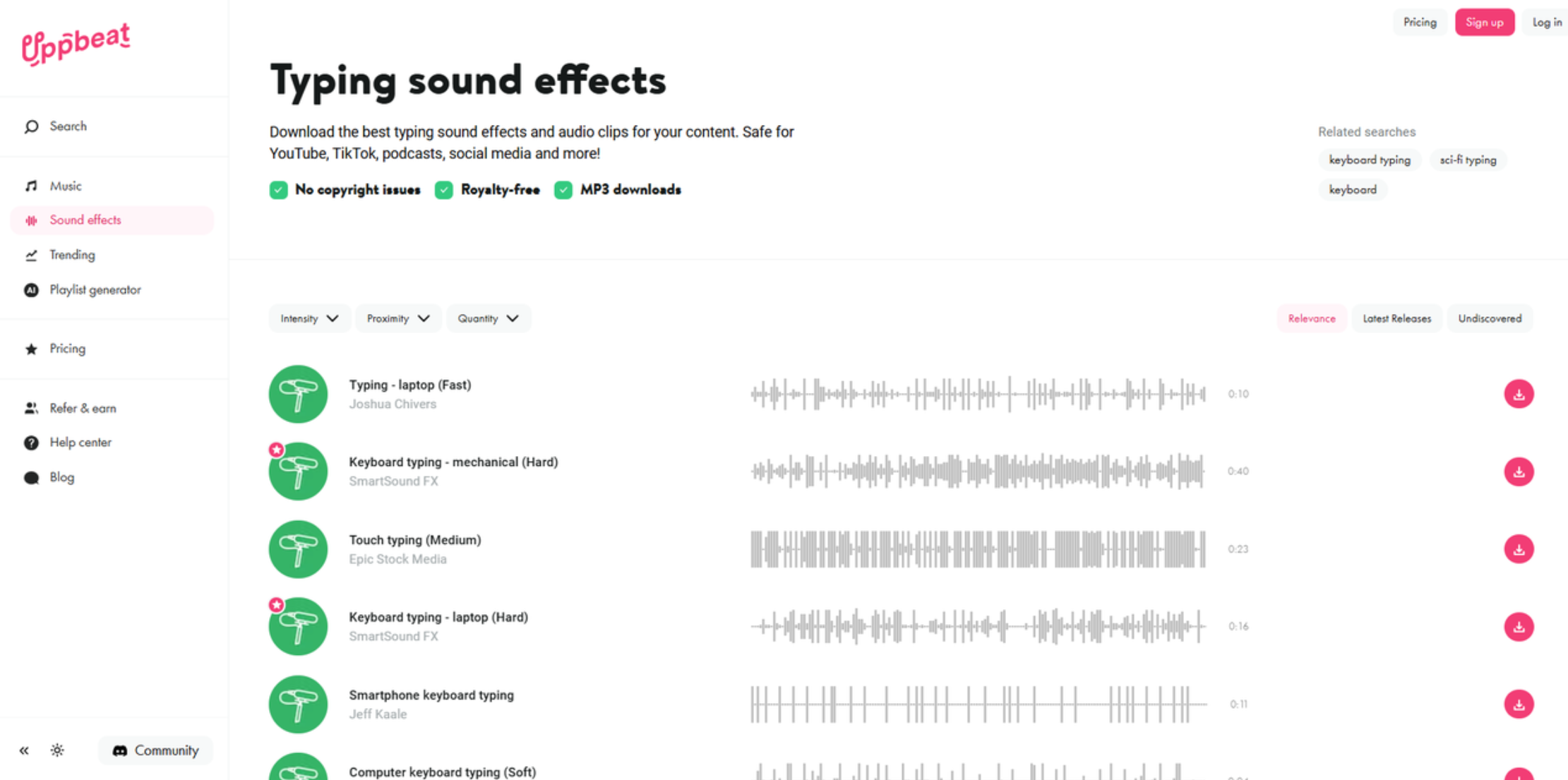 Interface of Uppbeat.IO - another way to download typewriter sounds