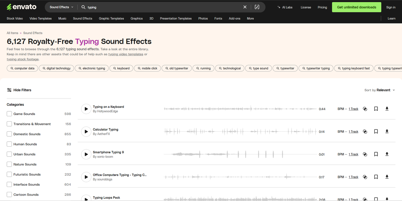 Interface of Envato - a simple site to find typing sound effects