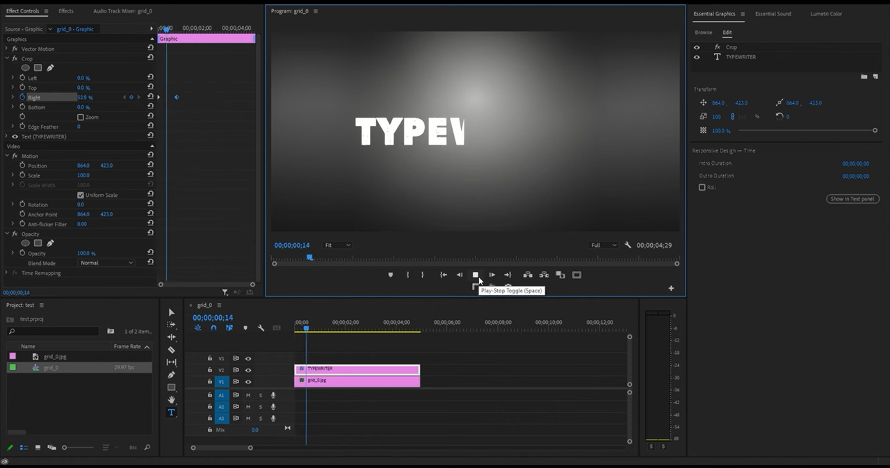 Adding keyframes to the text for creating typewriter effect in Premiere Pro