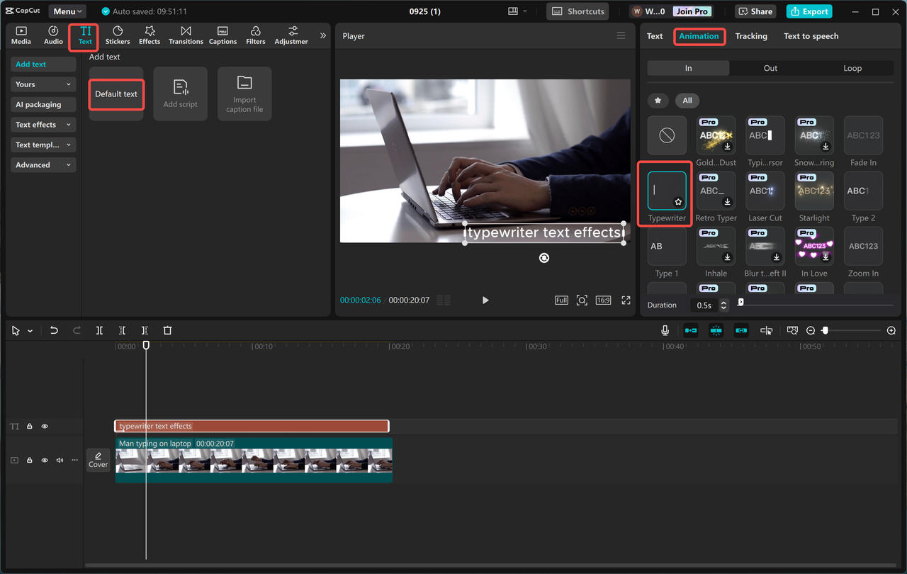Applying the typewriter effect to text in the CapCut desktop video editor