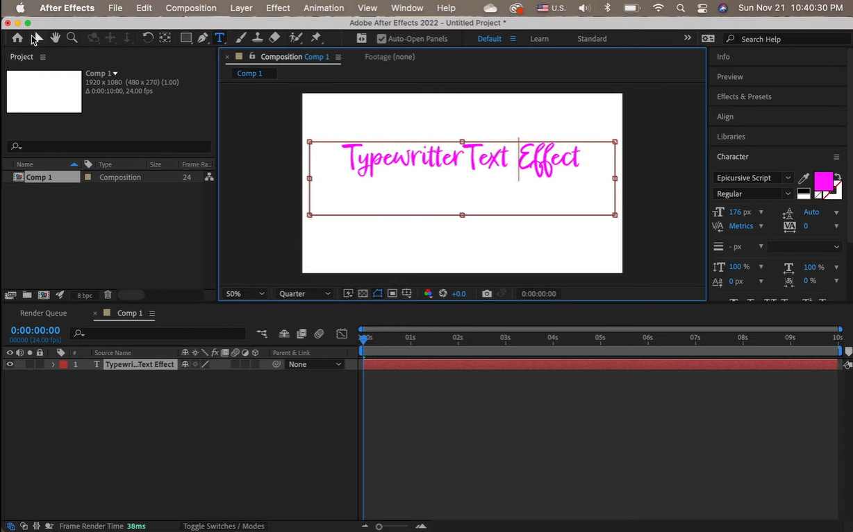 After Effects text layer setup for typewriter animation