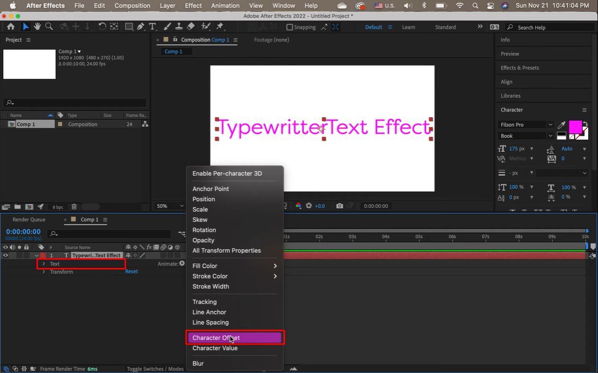 Select the character offset option in After Effects for text animation