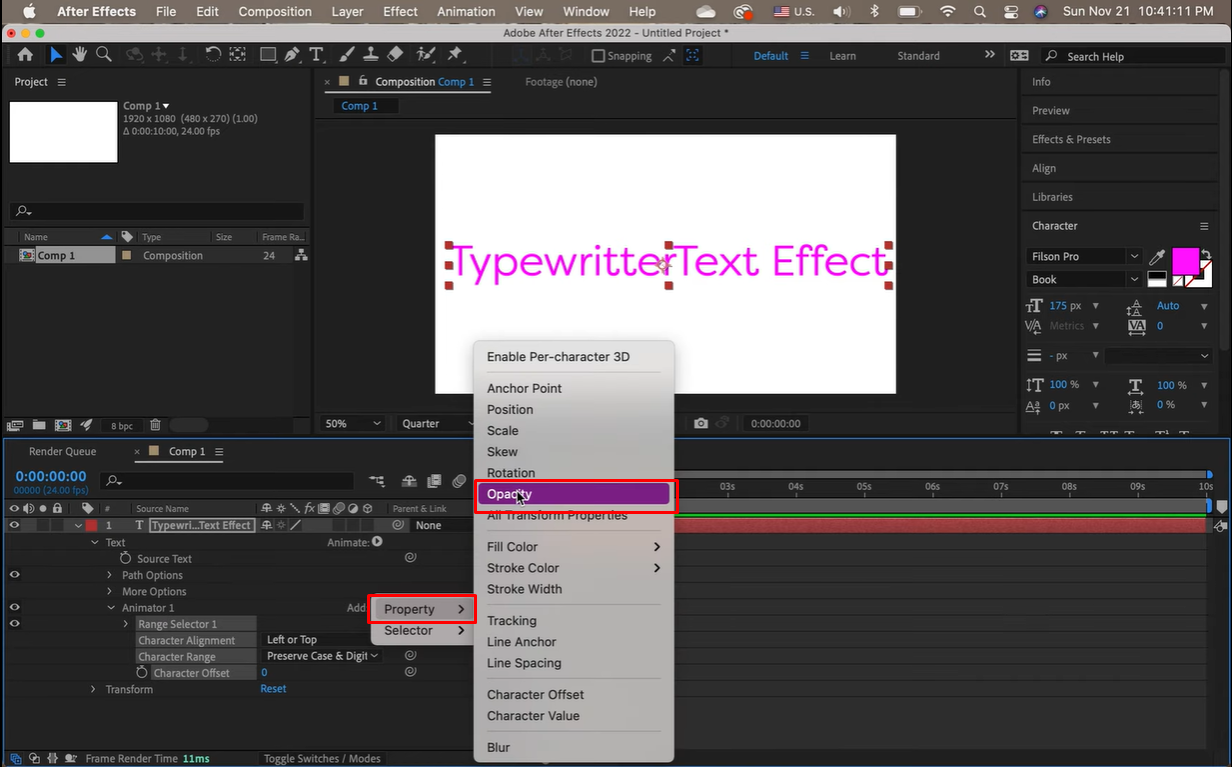 Opacity set to zero in After Effects for typewriter effect