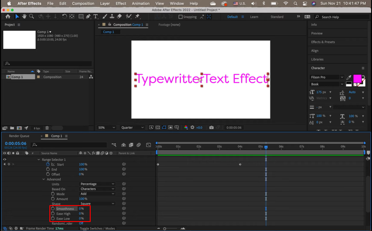 Advanced settings for smooth typewriter animation in After Effects