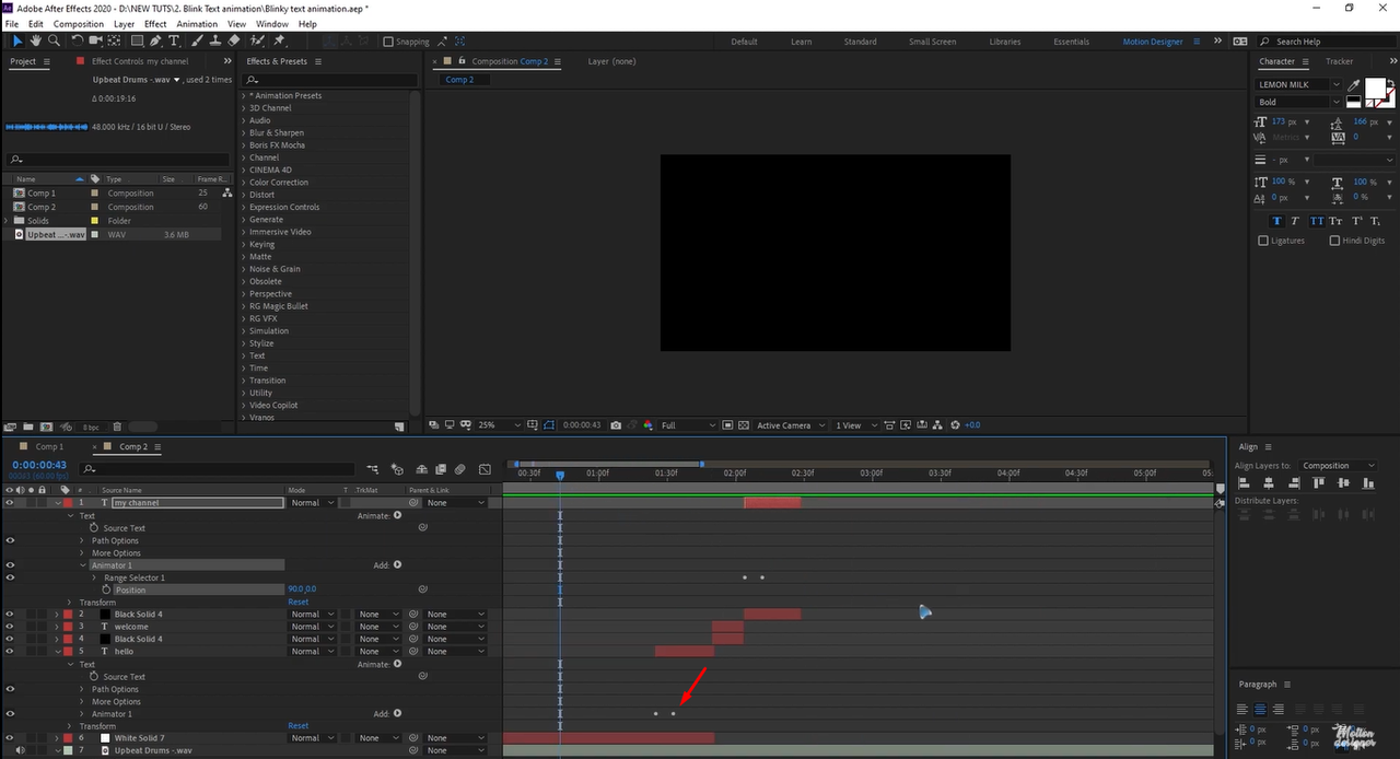 After Effects timeline with markers placed at key audio beats