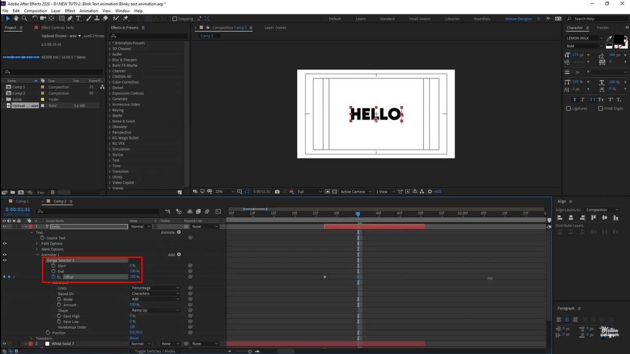 Range Selector settings in After Effects with adjusted Start and End keyframes