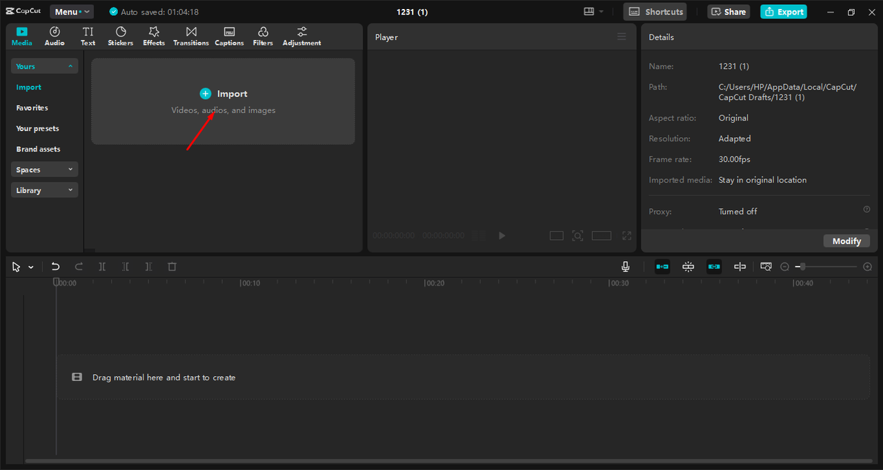 Uploading video to the CapCut desktop video editor 