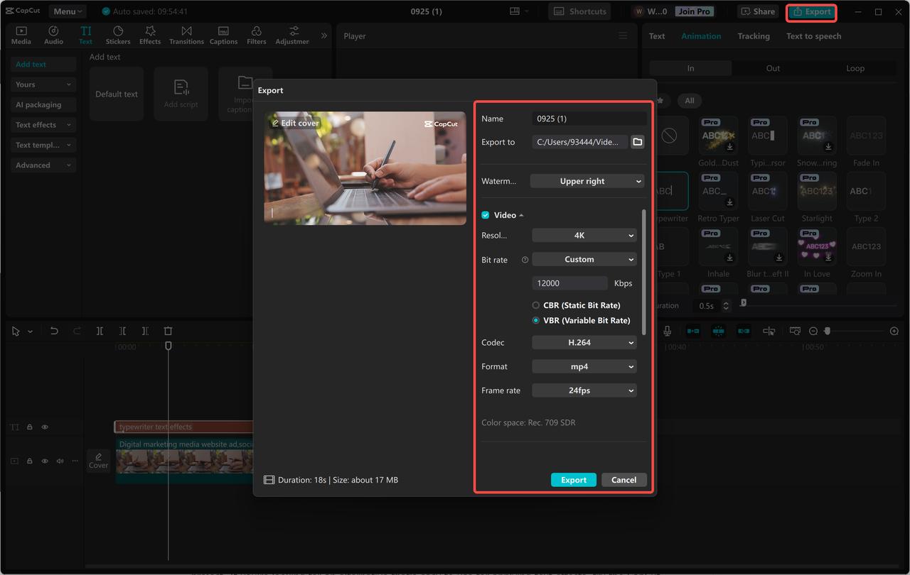 Exporting video after applying the typewriter effect in the CapCut desktop video editor