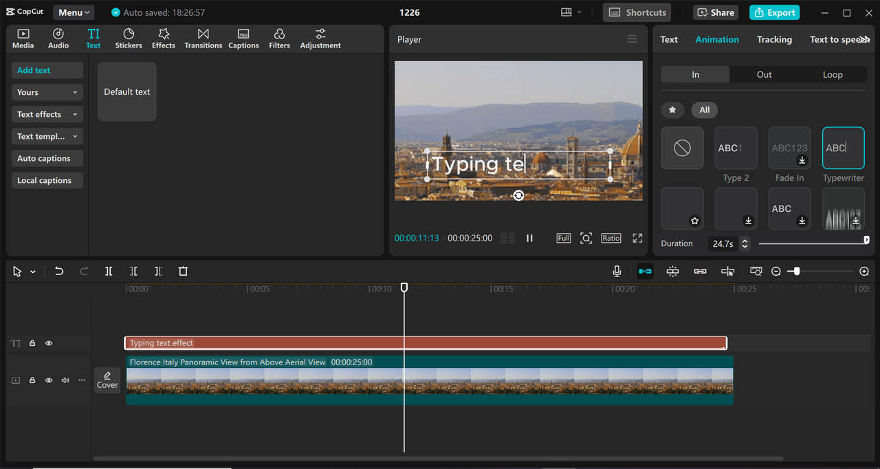 Editing interface of CapCut desktop video editor - an effective tool to add animation typing effect