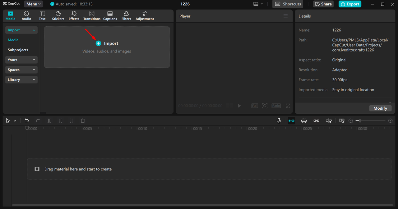 Importing video in the CapCut desktop video editor