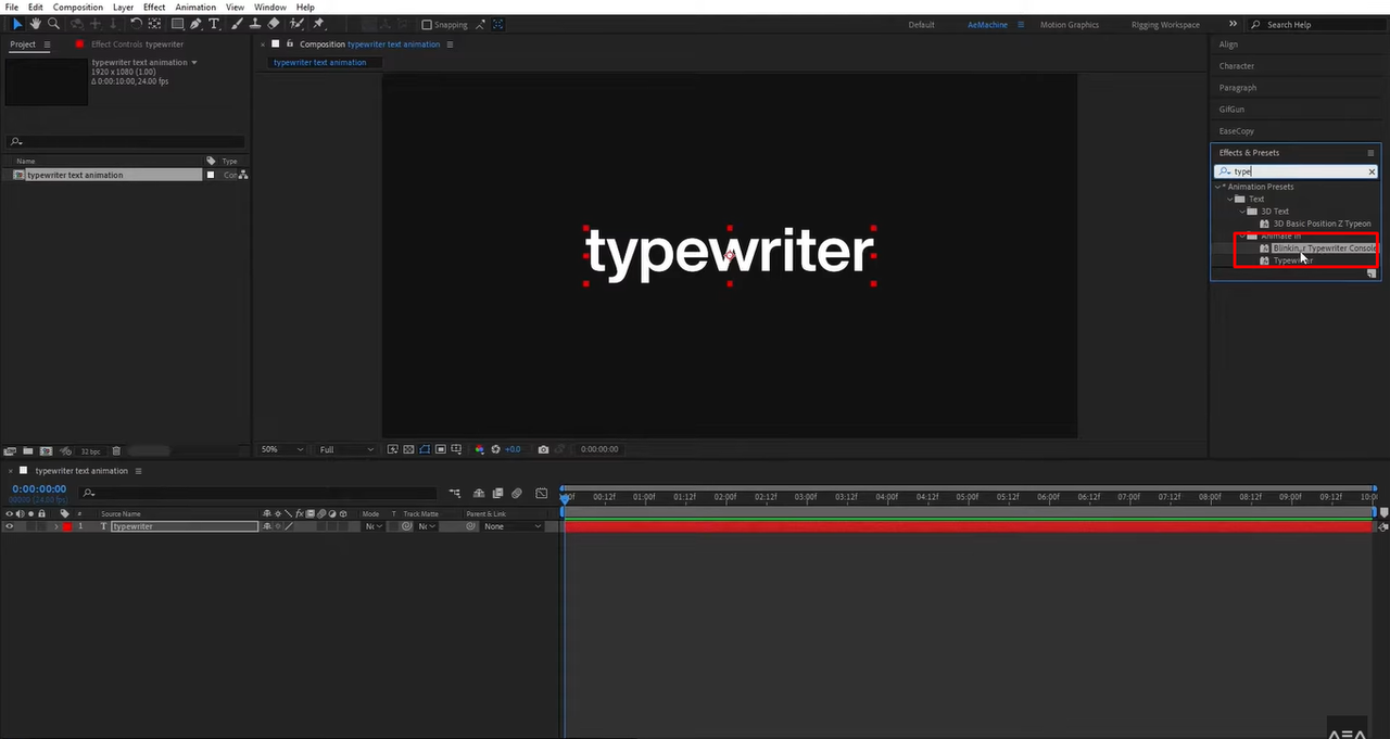 Applying the text animation typing effect in After Effects