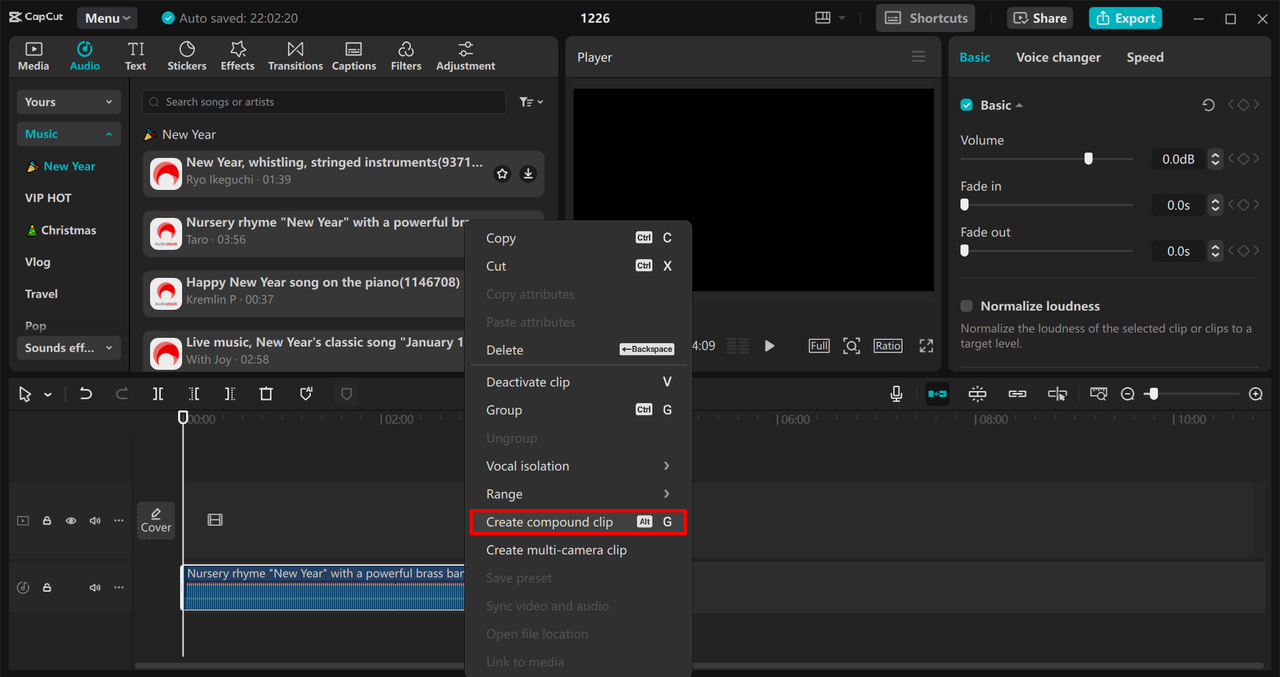 Joining the audio together in the CapCut desktop video editor