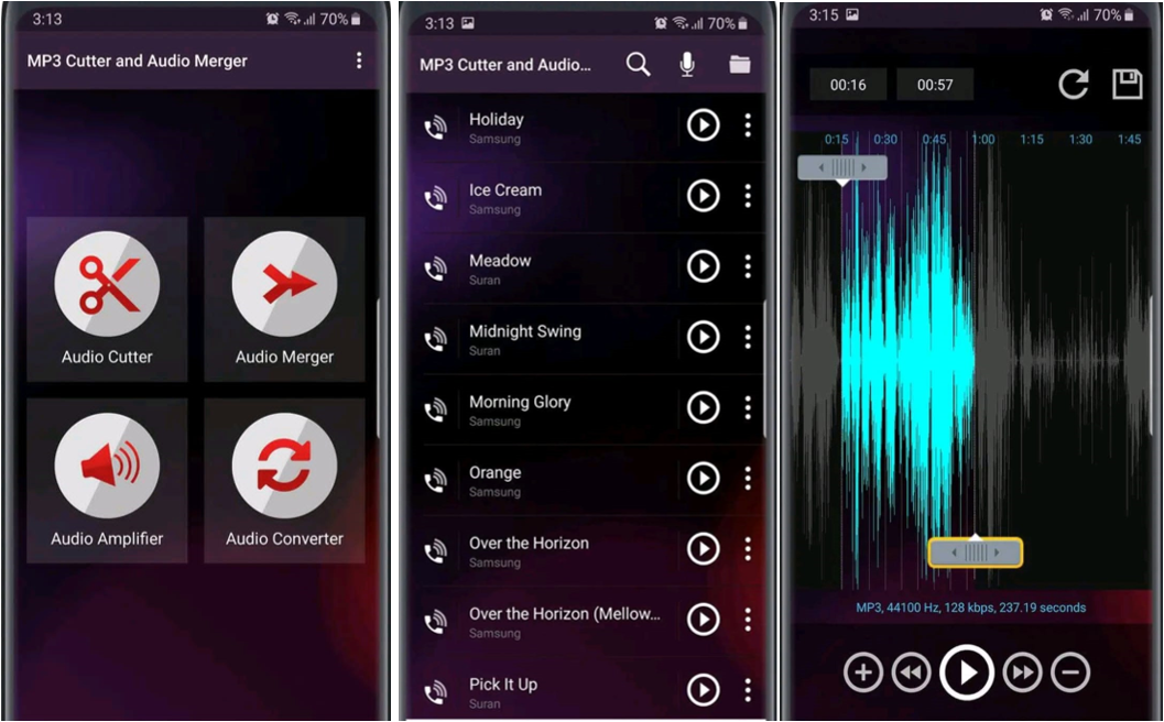 The interface of MP3 Cutter and Audio Merger - Perfect MP3 cutter and joiner that is free to download on mobile