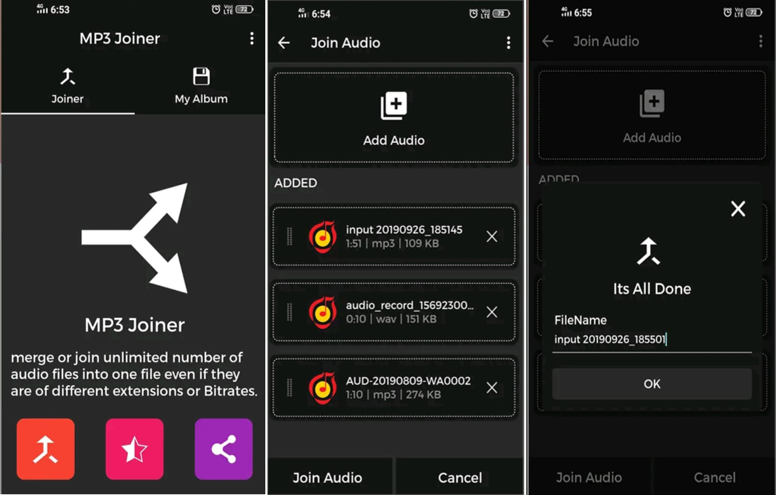 Interface of Apps cloud zone’s MP3 merger - a reliable audio cutter and merger available for free download on mobile