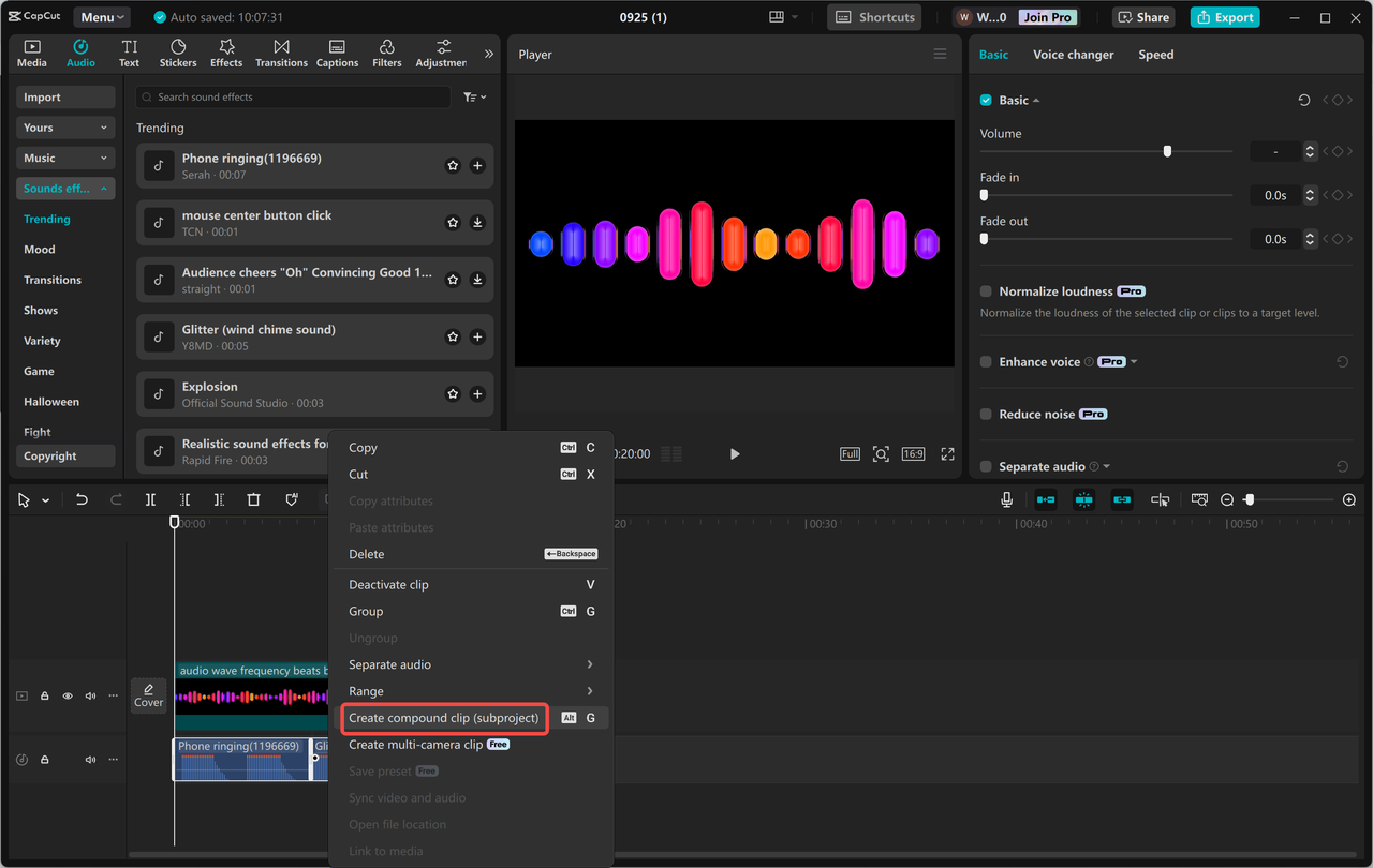 Interface of CapCut desktop video editor showing how to combine MP3 files into one file