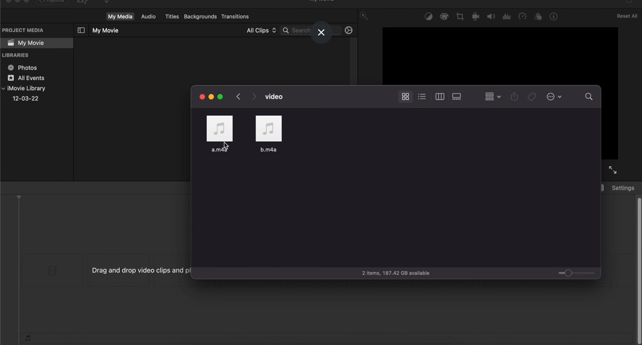 Importing MP3 files into the iMovie to start the merging process
