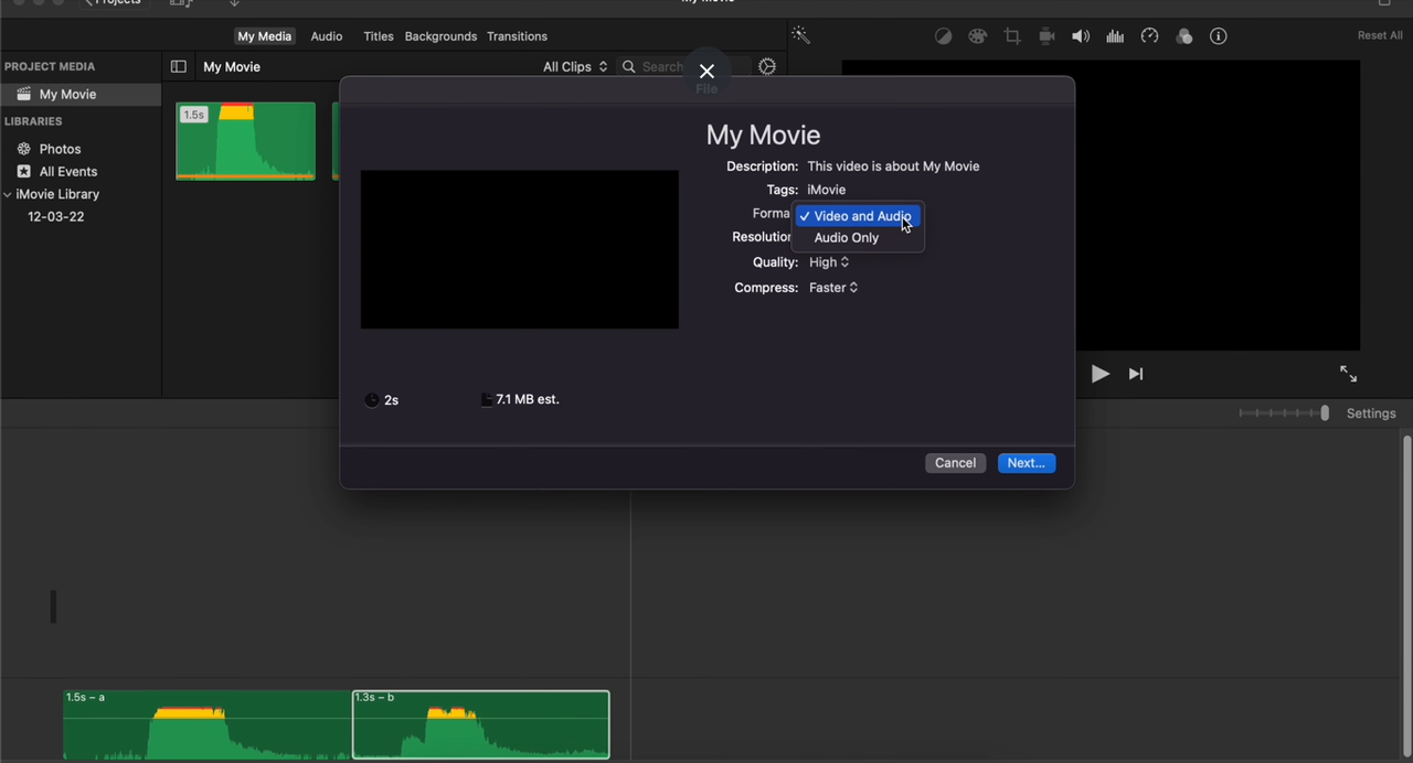 The interface of iMovie showing how to join MP3 files into one on a Mac