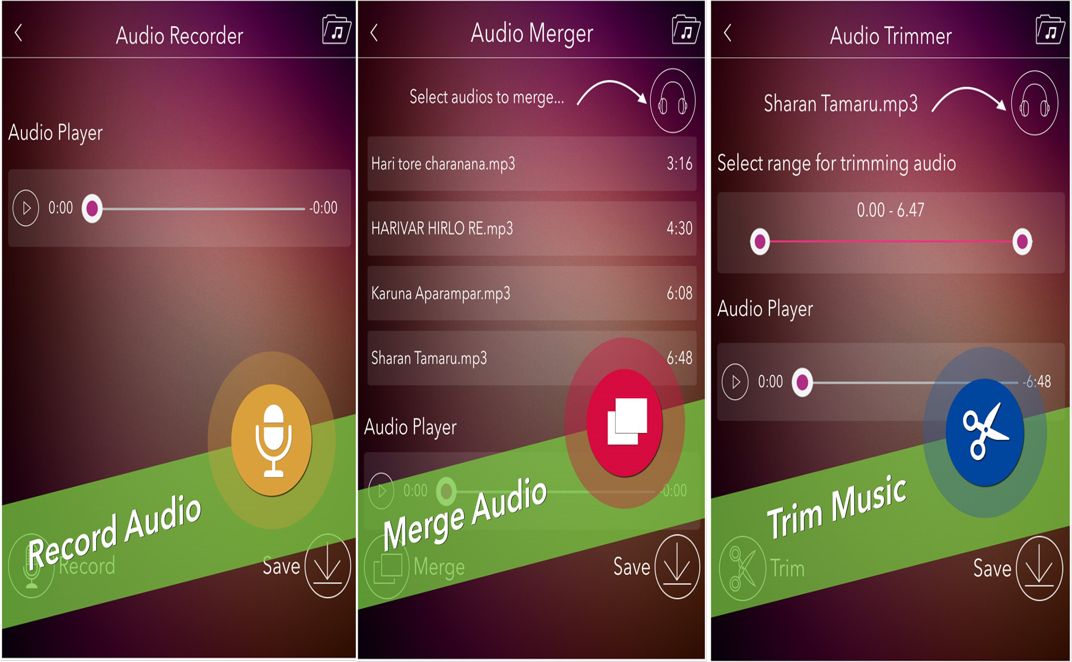 Image showing how to merge MP3 songs on Handy Audio Editor