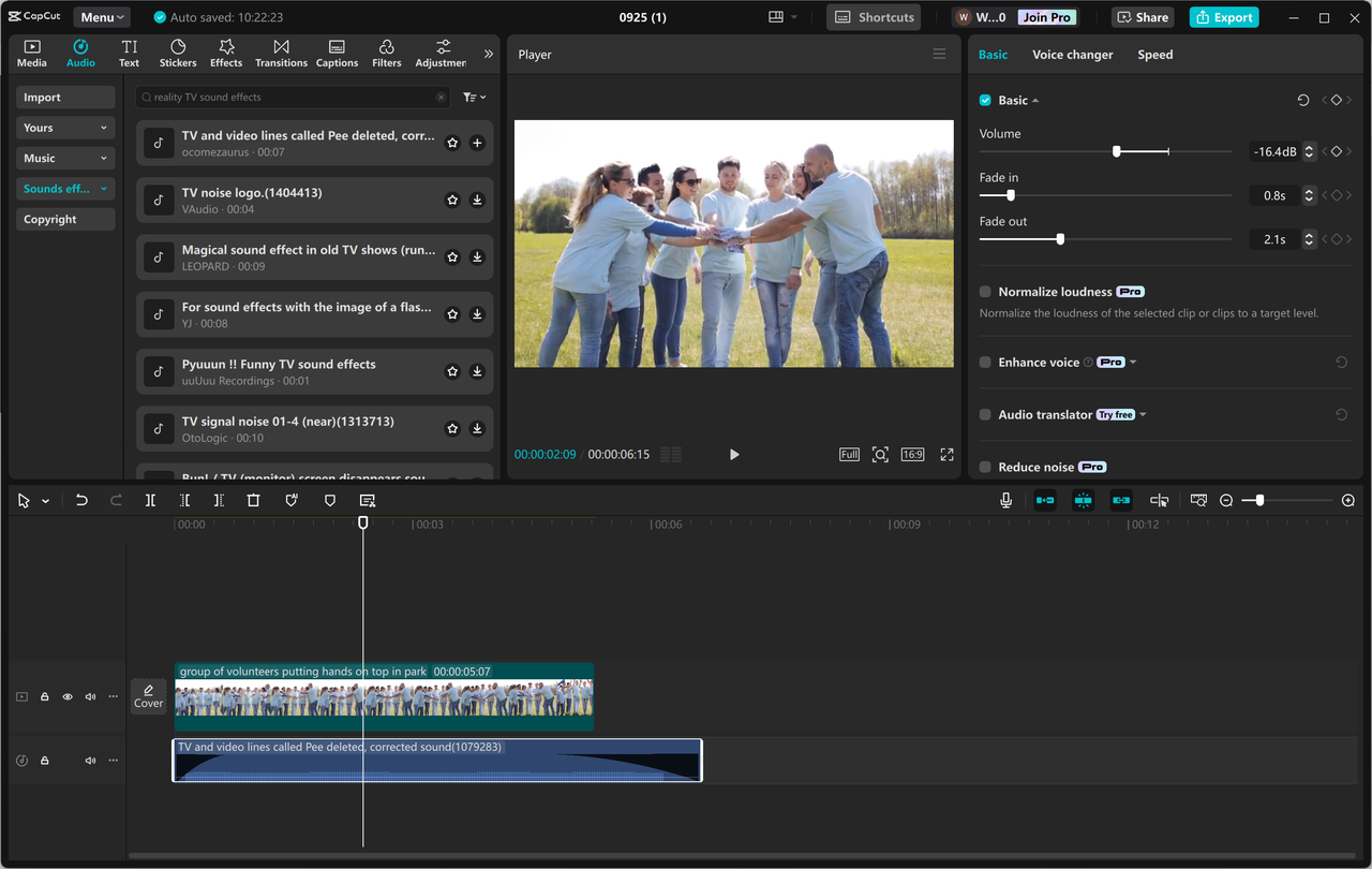 Interface of the CapCut desktop video editor - a desktop tool to use reality TV sound effects