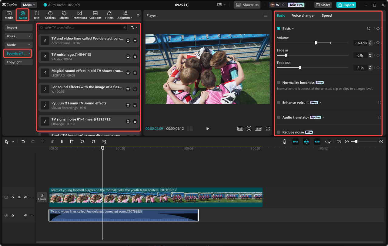 Adding a reality TV sound effect to a video in the CapCut desktop video editor