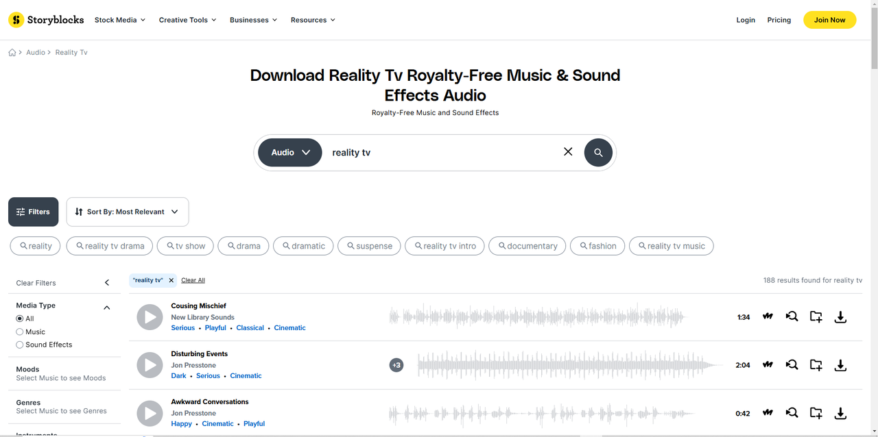 Interface of Storyblock - the best place to find reality TV sound effects