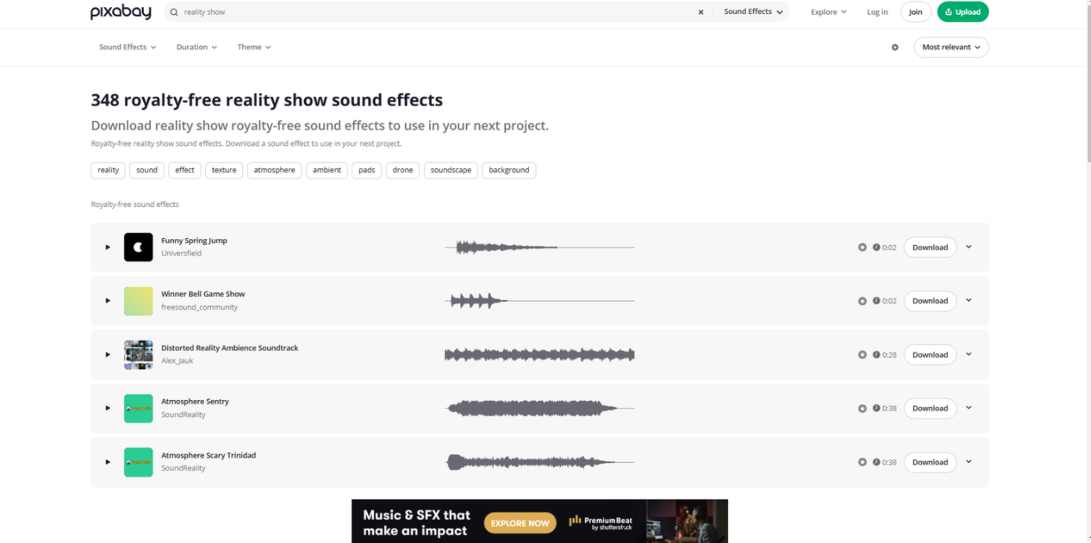 Interface of Pixabay - an easy way to download reality TV show sound effects