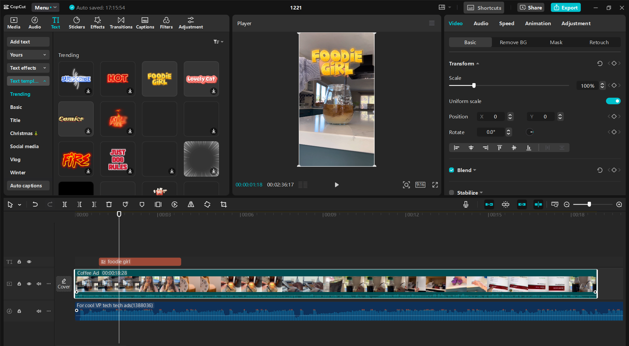 Interface of the CapCut desktop video editor editing the short form video ad