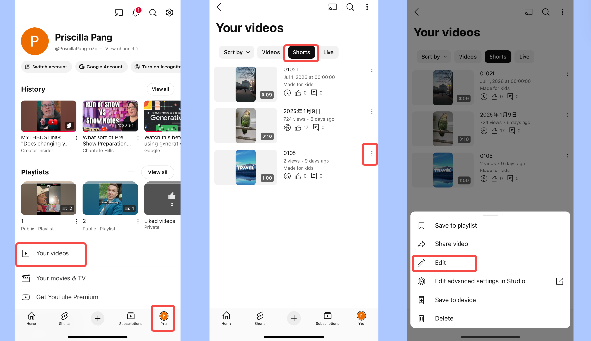 Youtube studio locate video from library