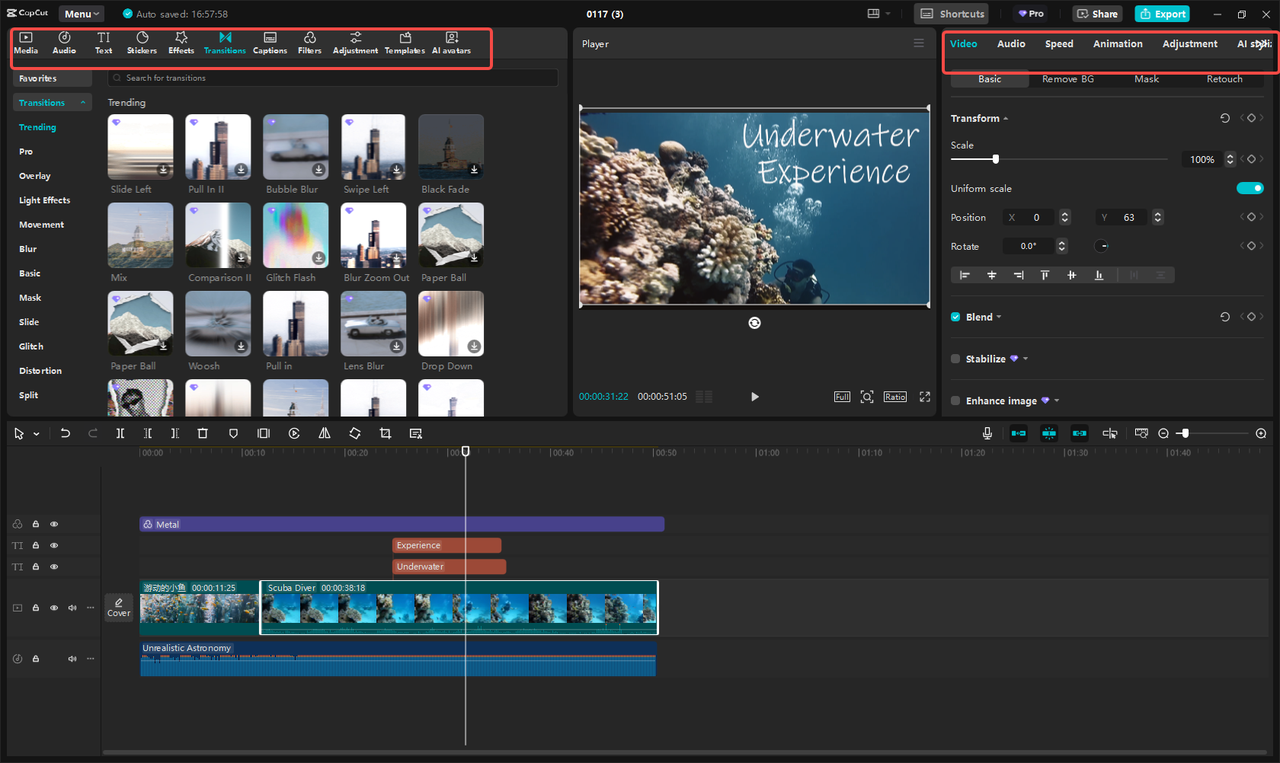 Editing the underwater video in CapCut