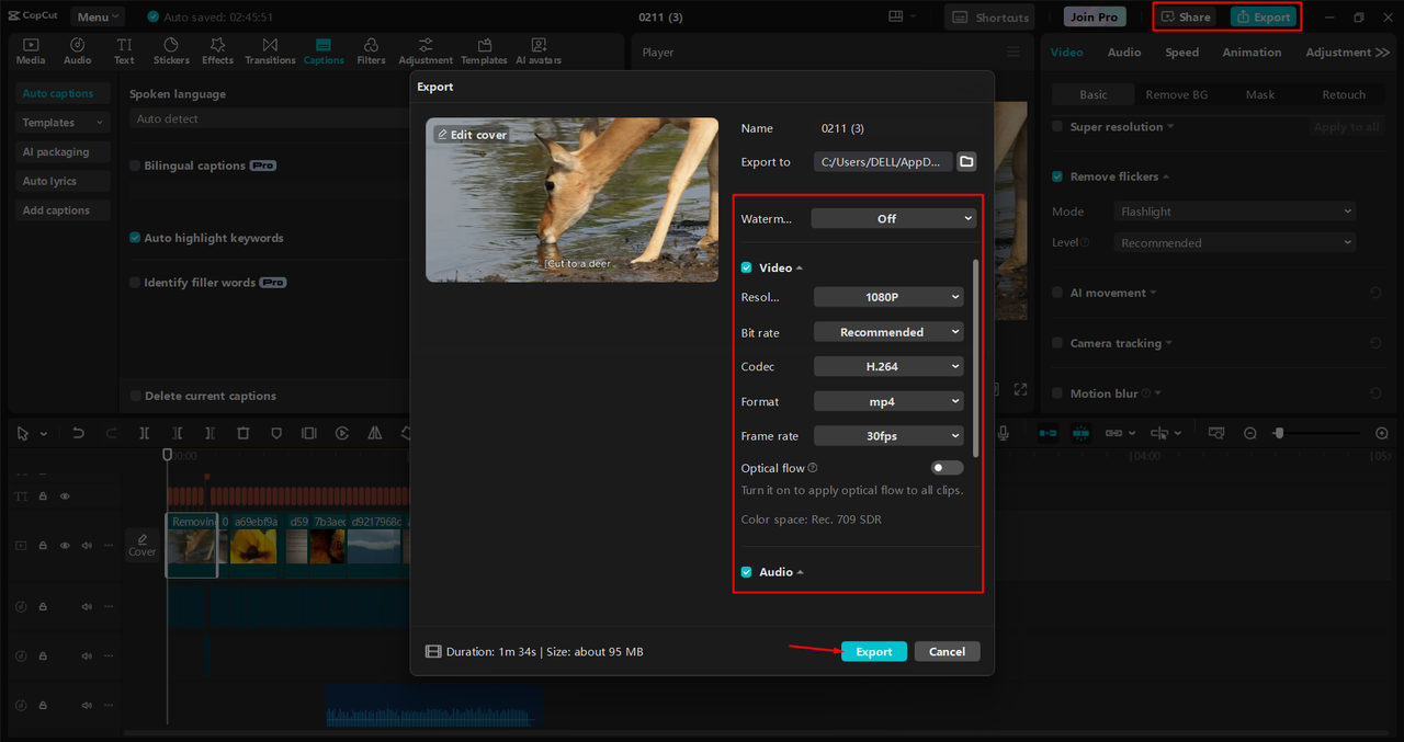 Exporting a video from the CapCut desktop video editor 