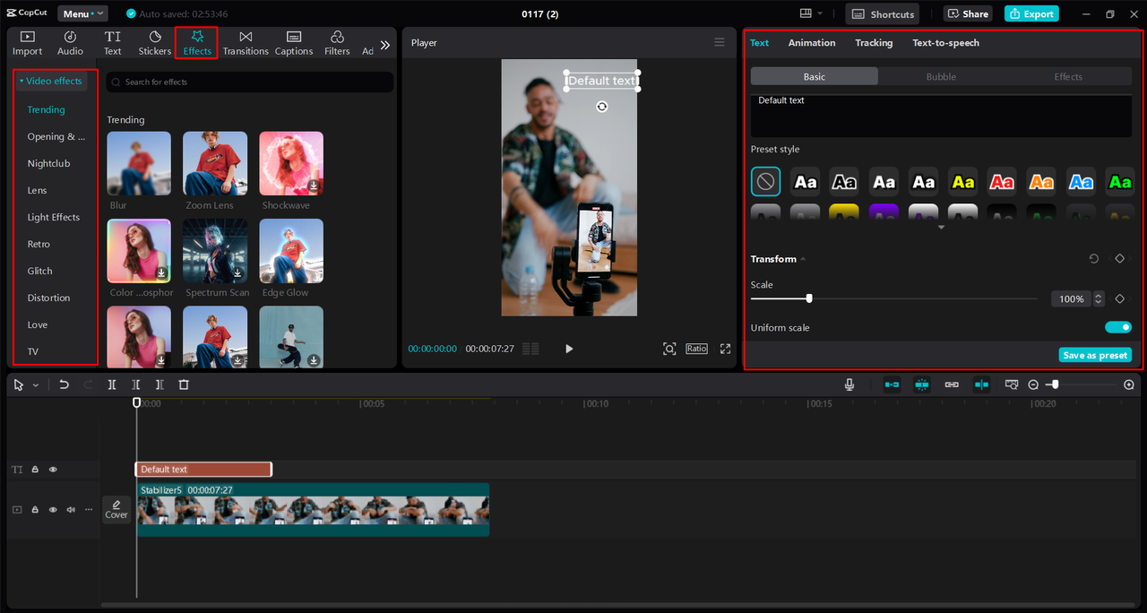 Customizing the short form social media videos in the CapCut desktop video editor 