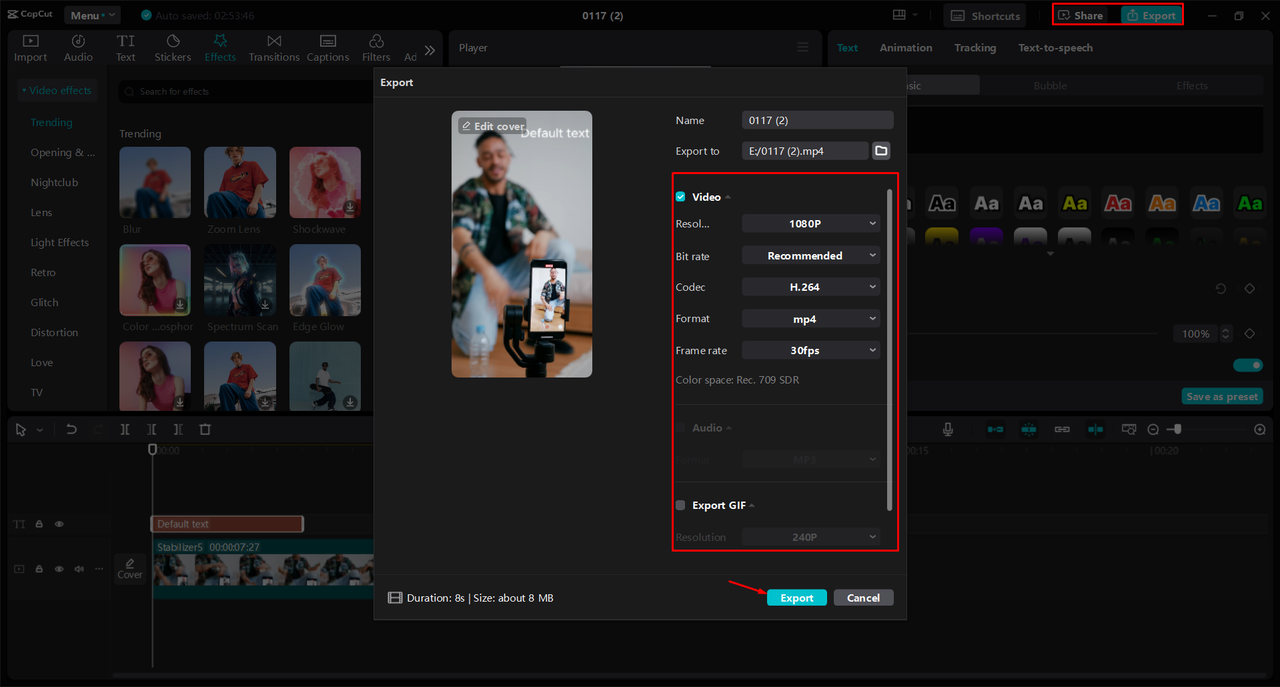 Exporting social media short-form video from the CapCut desktop video editor 