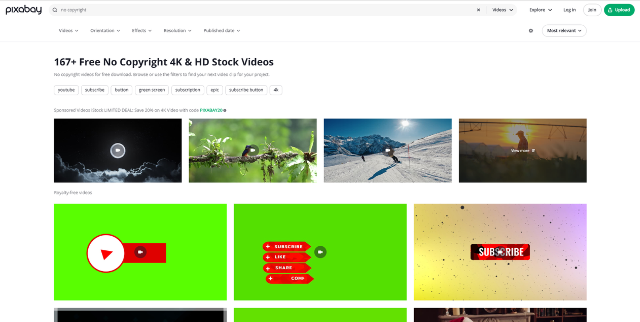 Interface of Pixabay - the best place to find no copyright short videos for YouTube