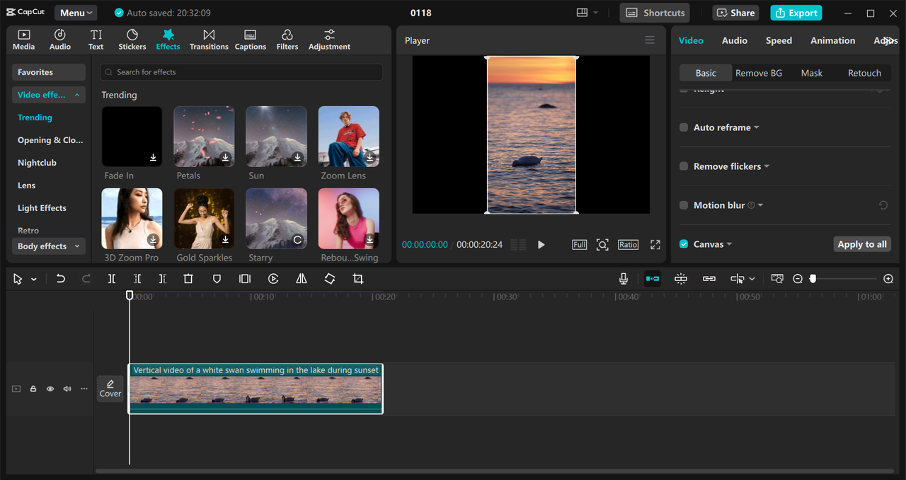 Editing interface of CapCut desktop video editor  showing how to create short videos for YouTube. 