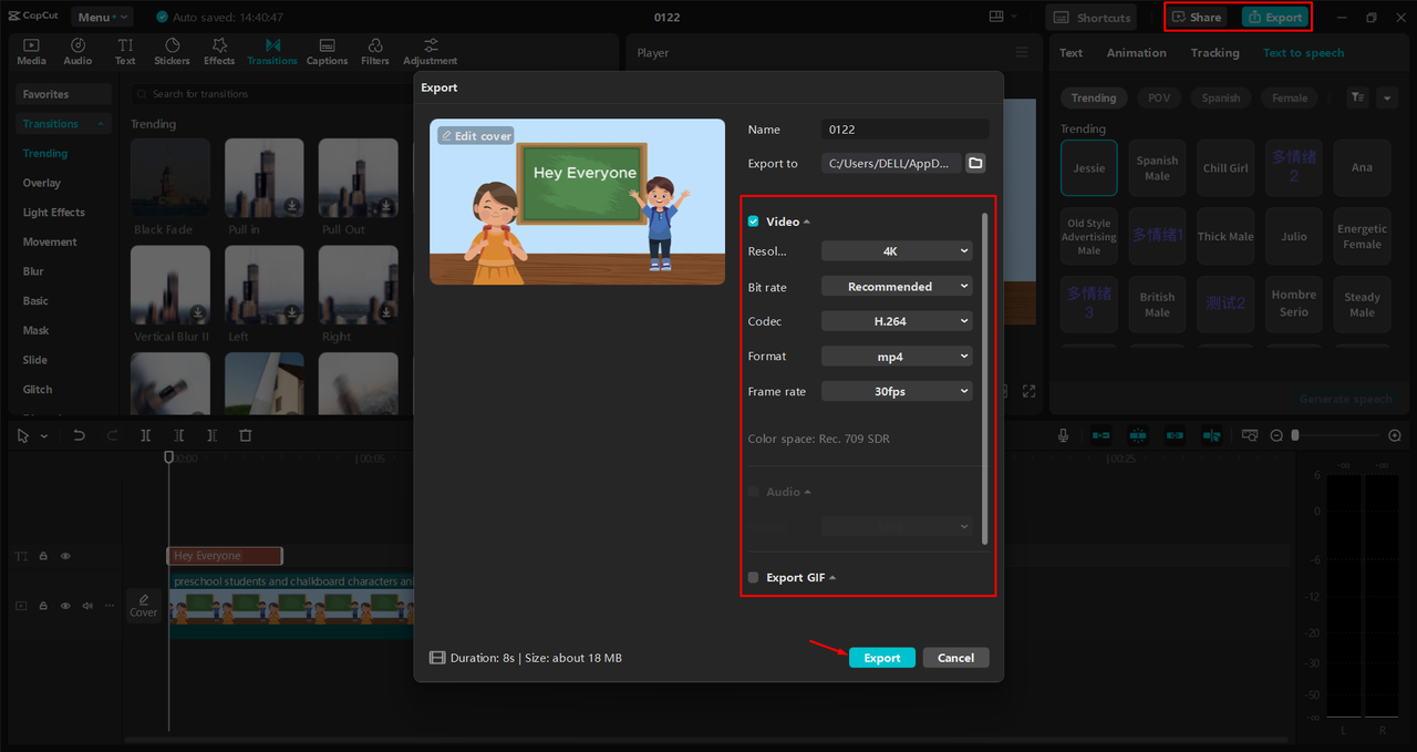 Exporting a video from the CapCut desktop video editor 