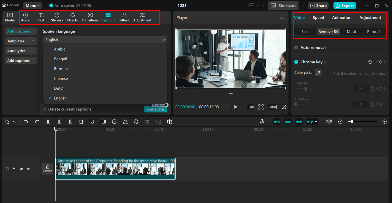 Customizing a corporate video in the CapCut desktop video editor 