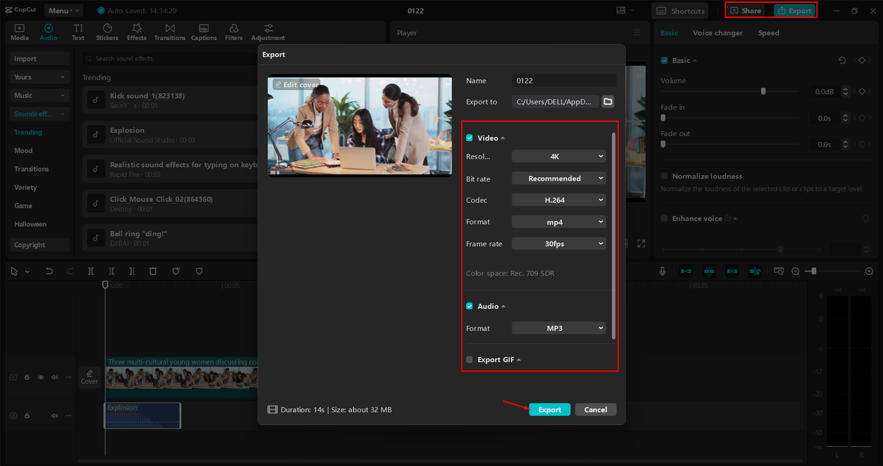 Exporting a video from the CapCut desktop video editor 