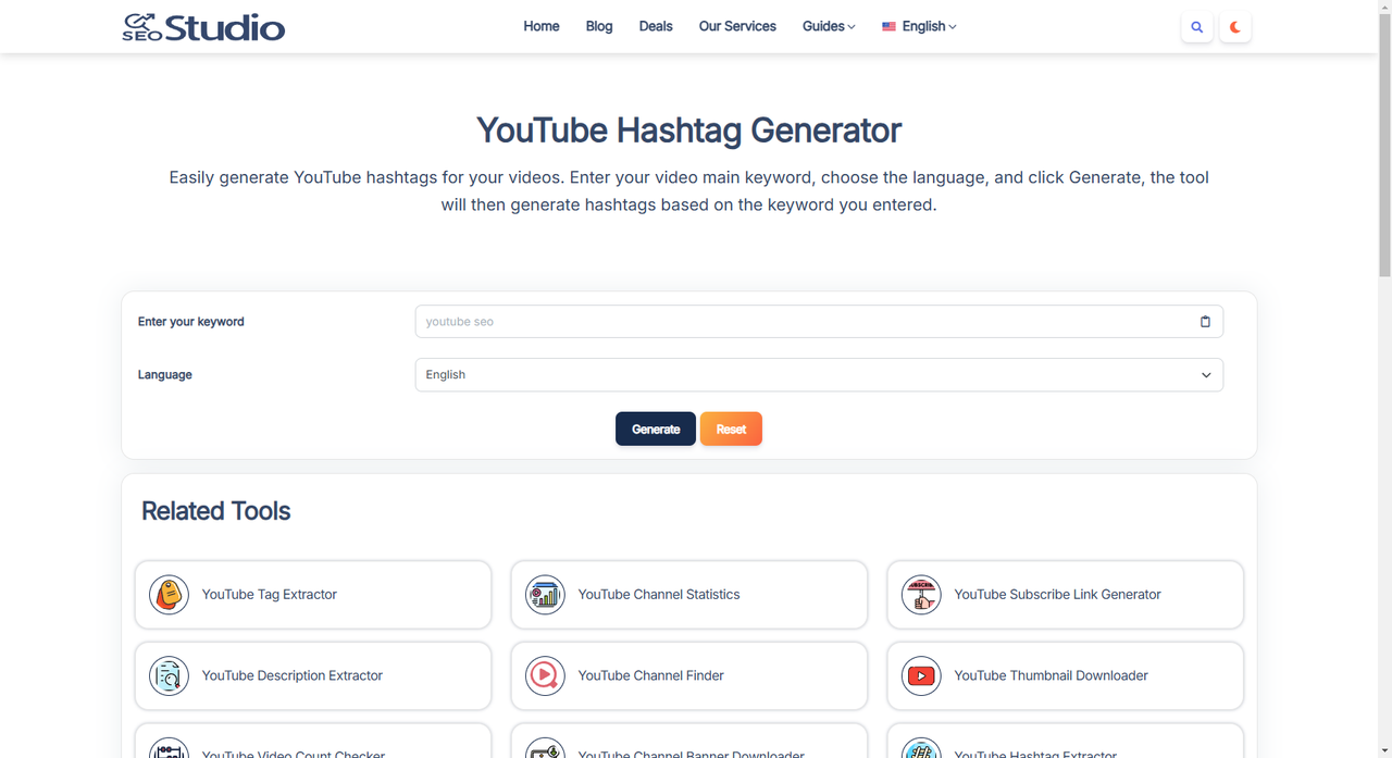 SEOStudio YouTube hashtag generator