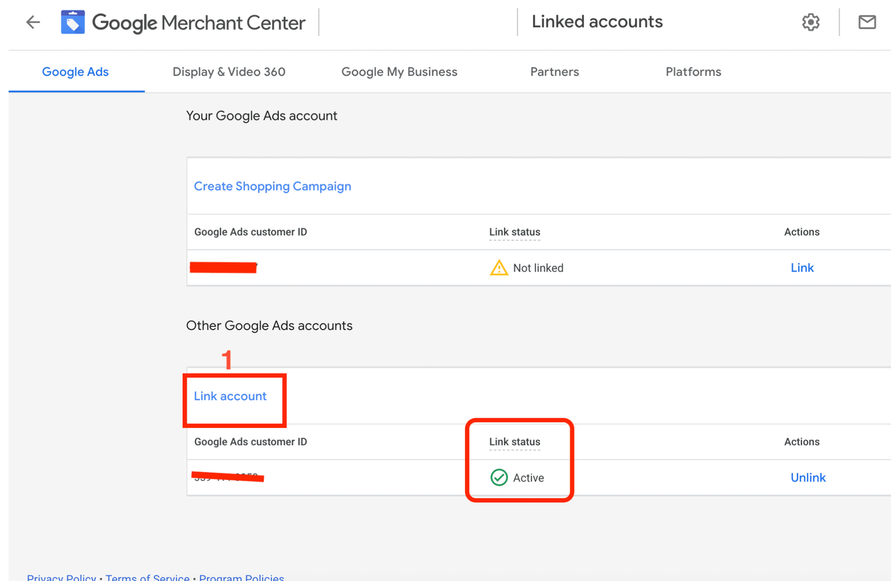 Link your account to Google merchant center