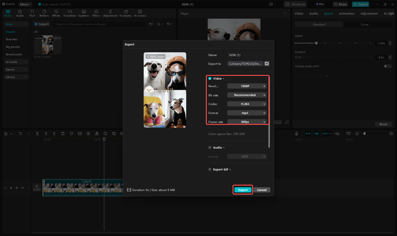 Exporting and sharing the video in CapCut 