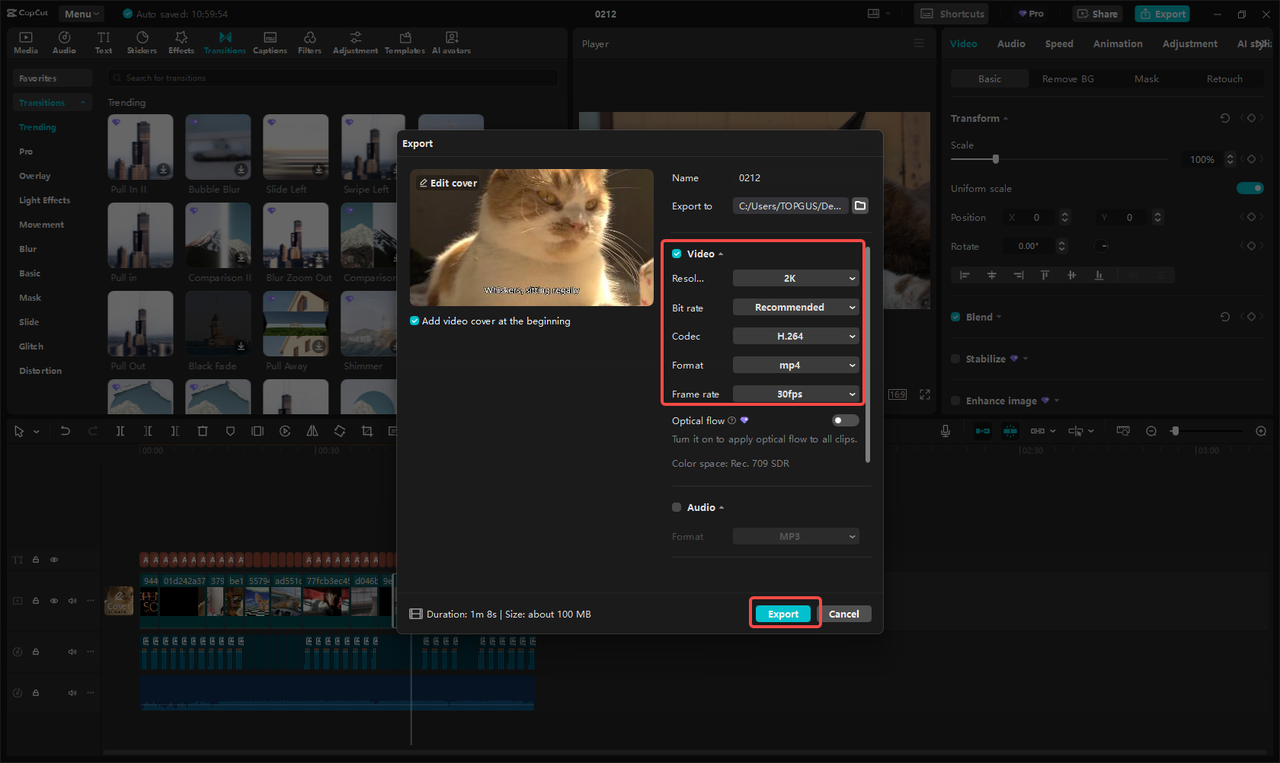 Exporting and sharing the video in CapCut