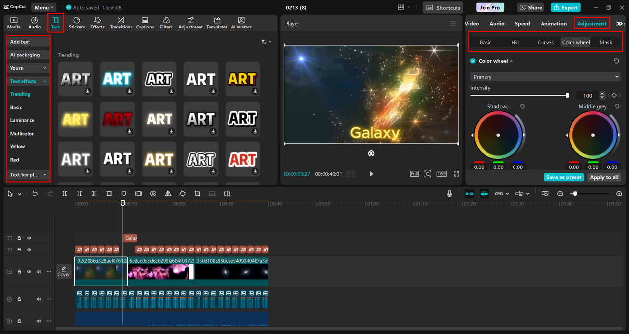 Adjusting the video colors with a color wheel in the CapCut desktop video editor 