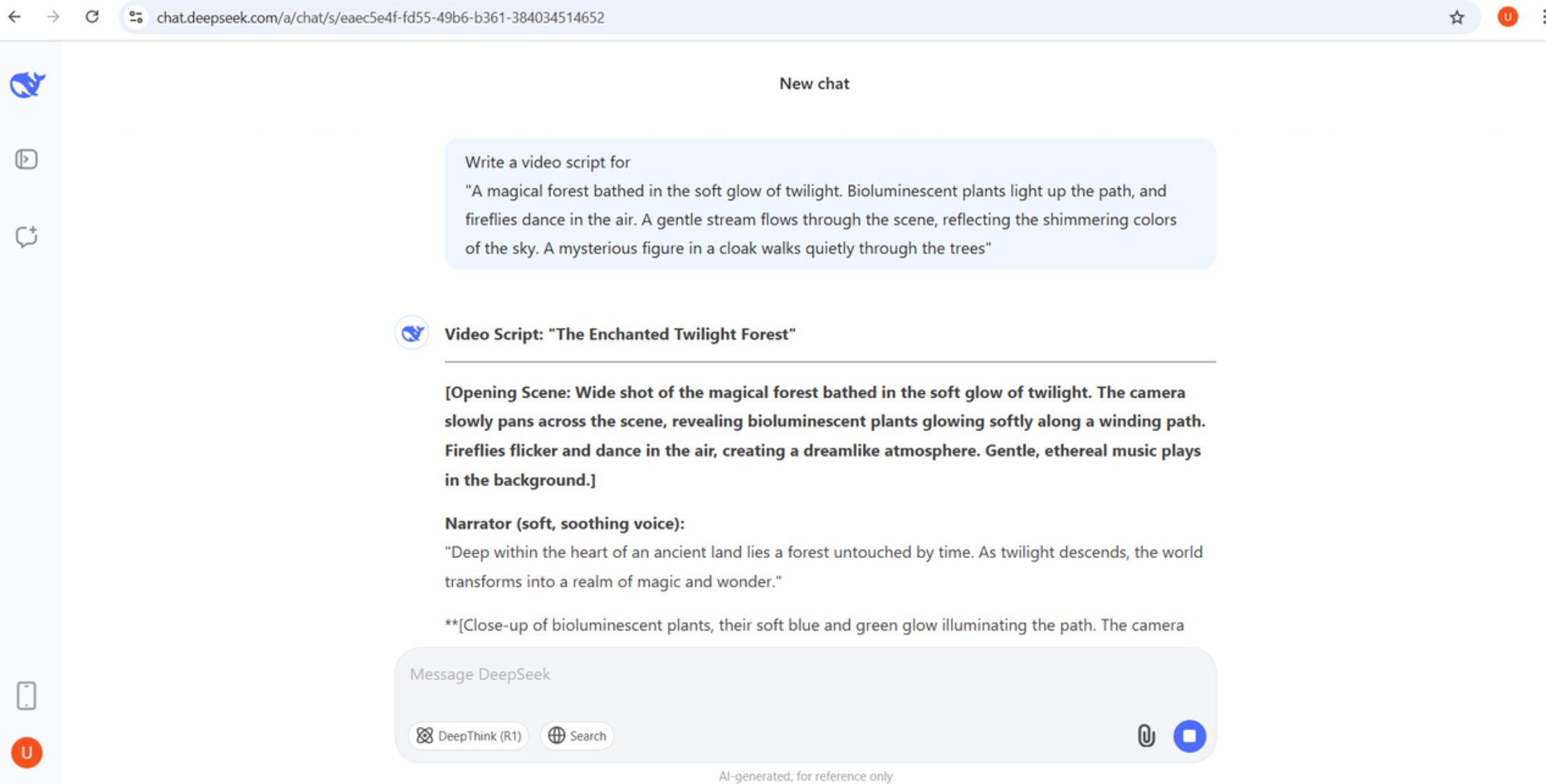 Creating video scripts in the DeepSeek AI chatbot
