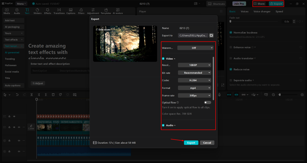 Exporting a video from the CapCut desktop video editor 