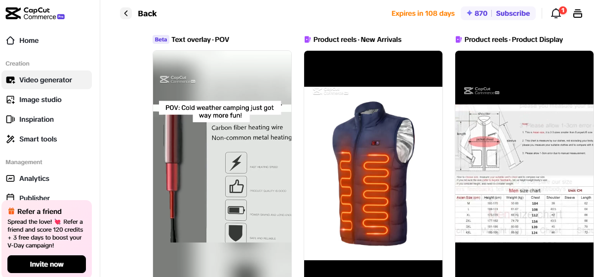 CapCut Commerce Pro showcasing heated vest product reels and text overlays for affiliate marketing campaigns.