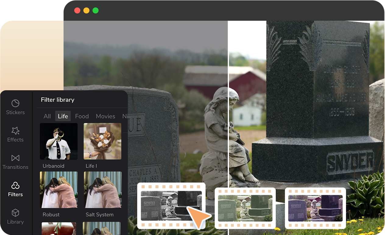 Create a memorial video slideshow from photos with transitions and filters